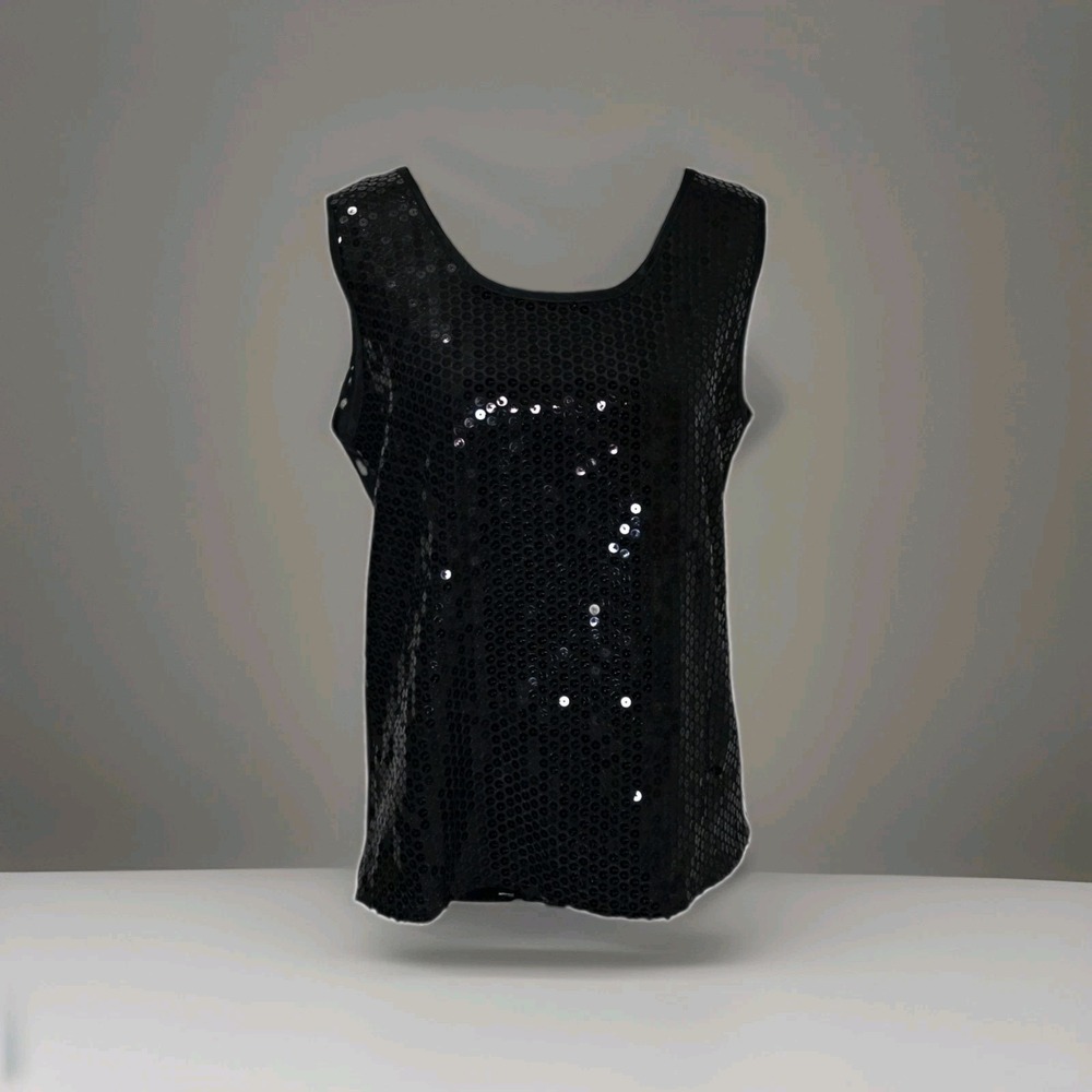 Vintage Y2K Black Sequin Tank Top Women's M Sleeveless Party Club Glam